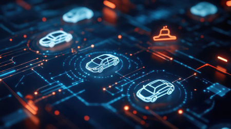 Automotive marketplace concept with car icons for different services like buy, rent, finance, and insureの素材