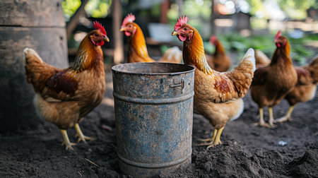 Chickens on a farm surrounding a feed bucket, vibrant colors in a rural setting. Shows everyday life on a farm.の素材