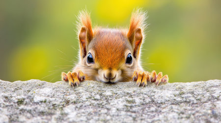 Close-up of a squirrel looking over a wall, its expression full of curiosity and mischief, capturing nature small wonders.の素材