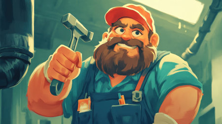 Animated plumber with a determined look, wrench in hand as he works to fix pipes, vibrant colors and cartoon-style detailsの素材