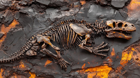 Close-up of an ancient fossil embedded in coal, detailed skeletal remains visible, capturing a sense of history and the passage of time.の素材