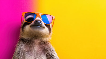 Cool sloth with sunglasses against a bright, lively background, combining humor and style in a quirky, colorful image.の素材
