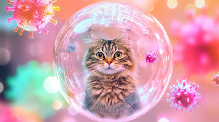 Cat inside a protective bubble, surrounded by floating virus icons. Symbolizing pet health and protection. Clean and safe vibe.の素材