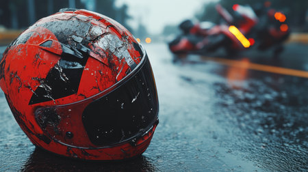Close-up of a cracked helmet on wet road, fallen motorcycle in background, capturing accident risks and the need for caution.の素材
