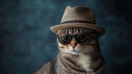 Cool cat in sunglasses and a fedora, capturing the essence of a feline gangster. Pet photography with personality.の素材