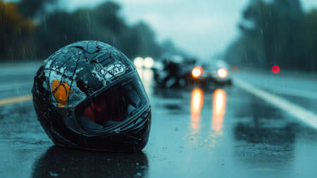 Cracked helmet on wet highway, with a fallen motorcycle blurred in background. Sobering reminder of road safety risks.の素材