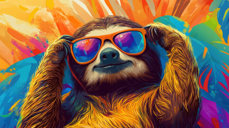 Cartoon-style sloth with sunglasses, lounging on a vibrant, colorful background, capturing a relaxed and playful vibe.の素材