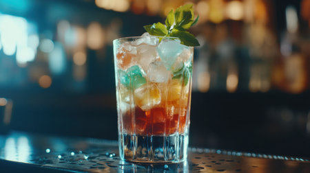 Colorful summer cocktail with ice and garnish, close-up on a bar top. Chilled elegance, inviting and refreshing.の素材