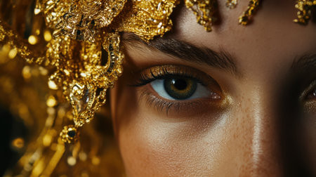 Close-up of a girl face with intricate gold jewelry, highlighting elegance and the beauty of accessoriesの素材