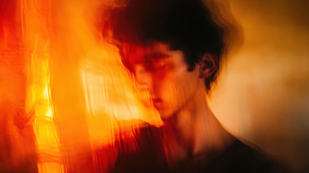 Blurred portrait with vibrant lighting effects in various colors, creating a surreal, artistic visual that embodies modern creativity.の素材