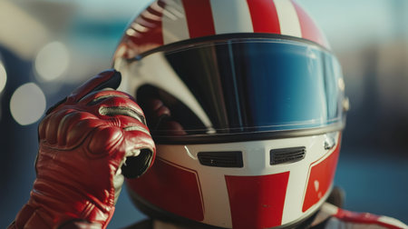 Close-up of red and white helmet with gloves, representing motorcycle safety and racing passion.の素材