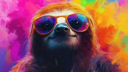 Cool sloth with sunglasses against a bright, lively background, combining humor and style in a quirky, colorful image.の素材