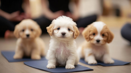 Three adorable puppies sit on yoga mats, embodying a sense of calm and playfulness. The warm indoor setting enhances their cuteness and offers a peaceful atmosphere.の素材