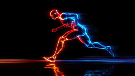 A striking visual of a runner captured in neon lights, emphasizing speed and athleticism. The abstract design showcases dynamic movement against a dark background.の素材