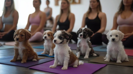 A delightful scene of adorable puppies sitting on colorful mats in a serene studio, highlighting the joyful interaction between pets and their human companions during a yoga session.の素材