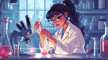 A focused female scientist conducts experiments in a vibrant laboratory, surrounded by glassware and modern equipment, showcasing innovation in chemistry and research.の素材