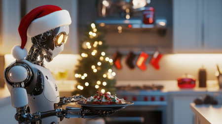 A futuristic robot in a festive Santa hat serves a delicious holiday dish in a warmly decorated kitchen, blending technology with the spirit of celebration and family gathering.の素材