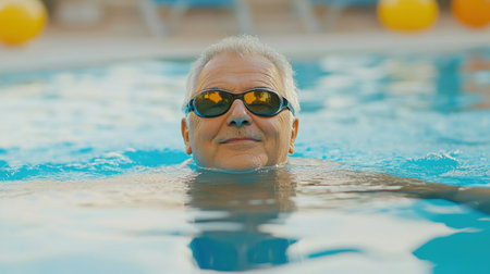 A cheerful senior man enjoys a refreshing swim in a pool on a sunny day. He wears sunglasses and smiles, exuding relaxation and joy surrounded by playful pool floats.の素材