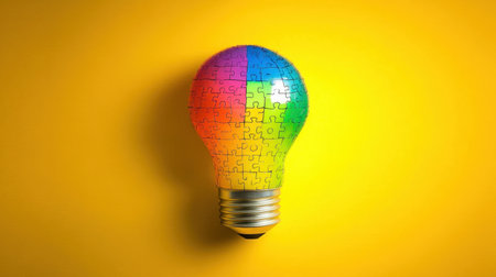 A vibrant light bulb designed with colorful puzzle pieces set against a bright yellow background, representing creativity, ideas, and innovative solutions. Ideal for concept visuals.の素材