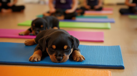 This delightful image captures adorable puppies resting on colorful yoga mats while pet owners participate in a calming yoga session, promoting relaxation and joy.の素材