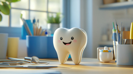 This image features a cute cartoon tooth character with a big smile in a vibrant dental office, emphasizing dental health and hygiene in a fun and engaging way.の素材