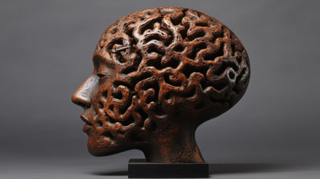 A stunning sculpture features a human head with an intricate brain design, blending artistic expression with abstract representation of thought and intellect, capturing viewer's imagination.の素材