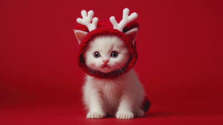 This charming white kitten, adorned with a festive red reindeer hat, brings joy to the holiday season, making it a delightful addition to any seasonal collection.の素材