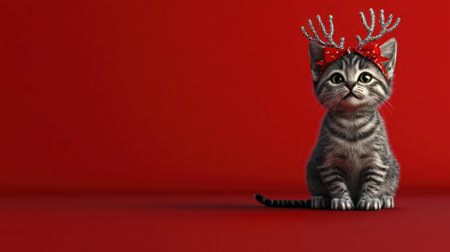 This charming kitten with festive antlers and a bow captures the spirit of the holiday season, bringing joy and warmth to your creative projects and designs.の素材