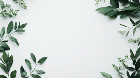 A serene collection of green leaves arranged around a soft, light background, creating a peaceful frame ideal for highlighting nature-inspired projects and designs.の素材