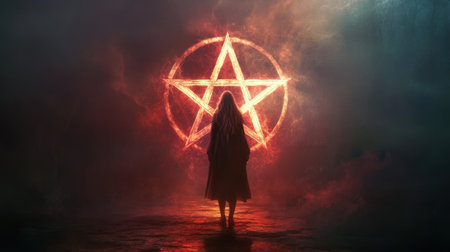 A mysterious figure cloaked in shadow stands before a luminous pentagram, drifting in a dark, foggy space that evokes the essence of ancient rituals and the unknown.の素材
