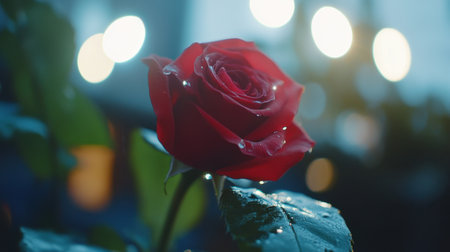 A stunning close-up of a red rose adorned with dew drops, highlighting its delicate petals against a soft bokeh background that evokes a sense of romance and tranquility.の素材