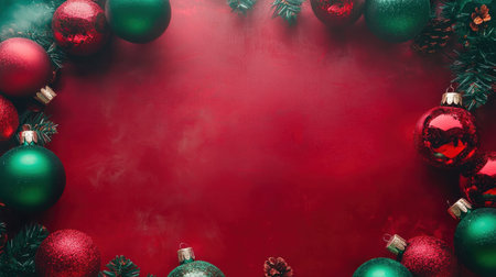 Vibrant and festive arrangement of colorful ornaments and pine branches on a rich red background, perfect for holiday celebrations, cards, or seasonal decor inspiration.の素材