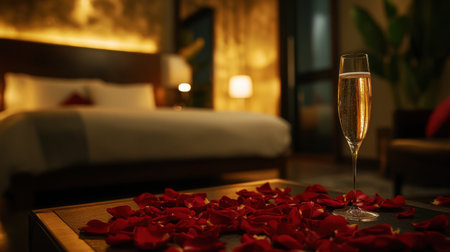 Enjoy a romantic escape with a glass of champagne beside rose petals in a luxurious hotel room, ideal for anniversaries or special occasions filled with love and serenity.の素材
