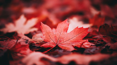A stunning close-up of vibrant red maple leaves blanketing a forest floor, capturing the essence of autumn with natural light and rich colors providing an enchanting background.の素材