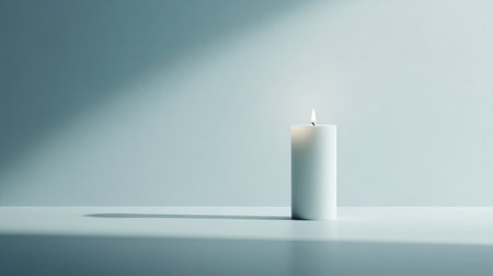 A minimalist white candle stands alone, casting gentle shadows on a smooth surface, inviting a sense of calm and serenity ideal for relaxation and meditation.の素材