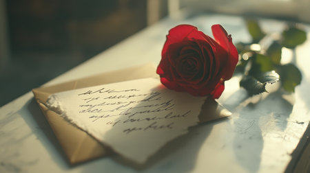 A stunning red rose rests next to a handwritten love letter on a wooden table, illuminated by soft natural light, creating a serene atmosphere of romance and deep affection.の素材