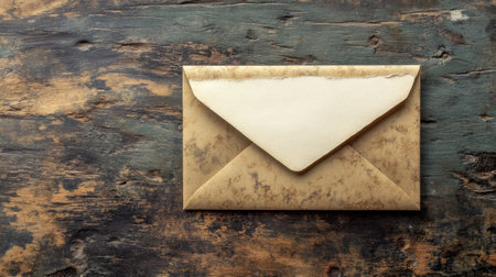 Vintage envelope rests on a rustic wooden surface, capturing the essence of nostalgia and communication. Ideal for themes of letters, writing, and personal connections.の素材