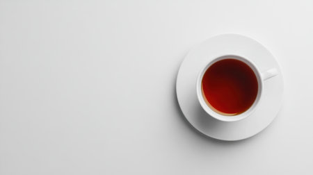 This image captures a top-down view of a white cup with rich brown tea on a clean white surface, perfect for conveying warmth and minimalistic elegance in beverage photography.の素材