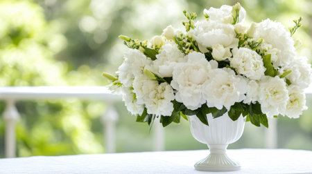 A stunning display of white flowers in a classic vase captures a serene moment, enhancing any space with elegance and inviting a fresh atmosphere through soft greenery.の素材