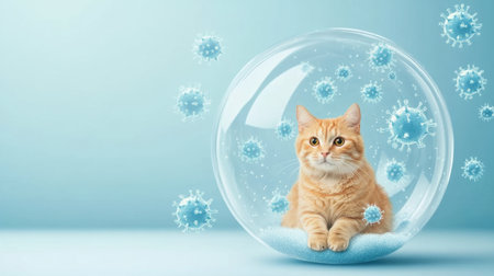Cat inside a protective bubble, surrounded by floating virus icons. Symbolizing pet health and protection. Clean and safe vibe.の素材