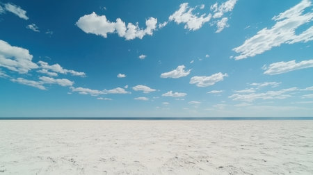 An expansive view of a sandy beach extending to a calm ocean under a bright blue sky filled with soft white clouds, perfect for capturing the essence of tranquility and natural beauty.の素材