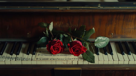 Two vibrant red roses rest delicately on piano keys, creating a serene and romantic atmosphere intertwined with music and nature's beauty, perfect for weddings or intimate moments.の素材