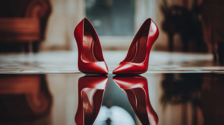 Stunning red high heels stand elegantly on a glossy surface, reflecting the luxury of their surroundings, ideal for fashion-themed imagery and stylish displays.の素材