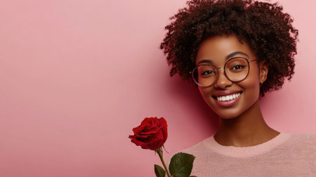 A cheerful young woman with curly hair and glasses smiles brightly while holding a red rose, set against a soft pink background, embodying joy and beauty.の素材