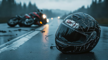 Close-up of a cracked helmet on wet road, fallen motorcycle in background, capturing accident risks and the need for caution.の素材