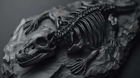 Ancient fossil preserved in a piece of coal, showcasing intricate skeletal details, symbolizing history and the earth secrets.の素材