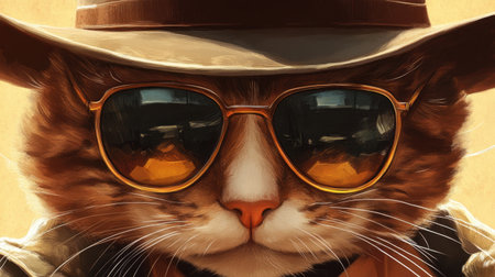 Close-up of a cat in a fedora and shades, the ultimate cool pet with a street-smart vibe. Stylish felineの素材