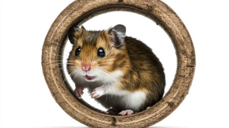 Adorable hamster in a wheel, white background emphasizing its activity and curiosity, capturing a fun pet moment.の素材
