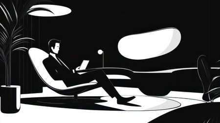 Black and white illustration of a man in a minimalist home office, featuring clean lines and minimal decor. Focus on simplicity.の素材