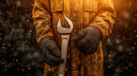Close-up of a professional hand holding a wrench, blurred background and warm lighting emphasize focus and the value of tools in mechanicsの素材